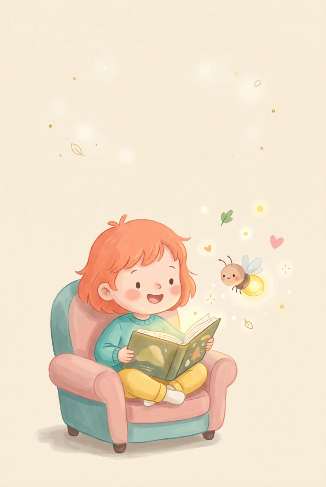 Nena leyendo un libro sola, acompañada por Chispa, la luciérnaga